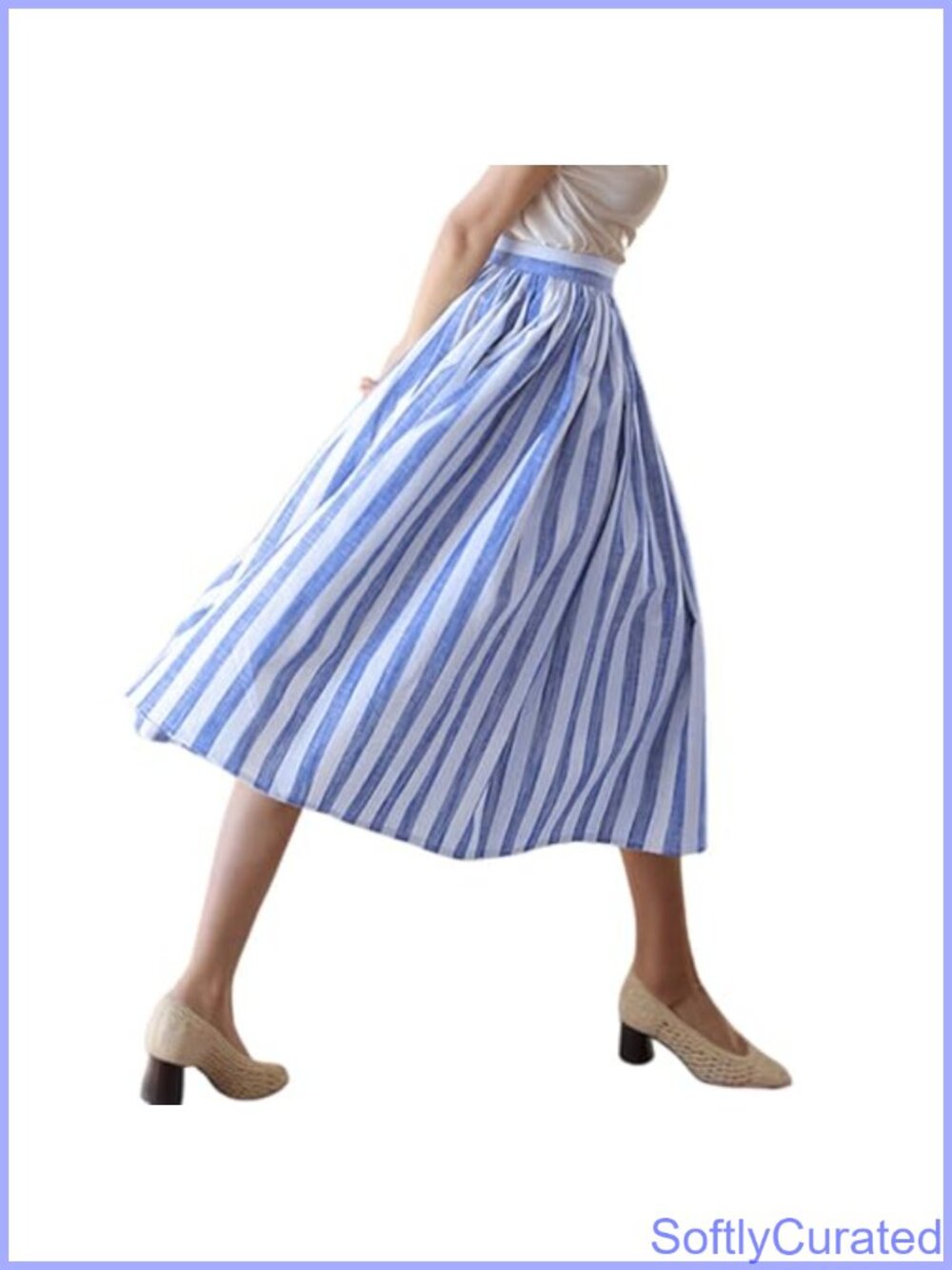 Pleated A-Line Midi Skirt with Pockets Elastic Waist Swing Work